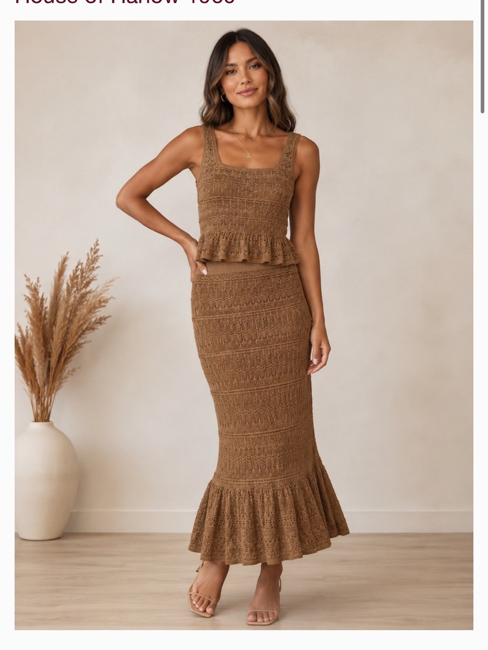 House of Harlow Inspired Brown Crochet Mermaid Midi Skirt and tank top